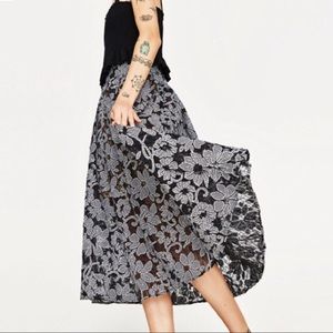 Zara Embroidered Gingham & Lace Midi Skirt